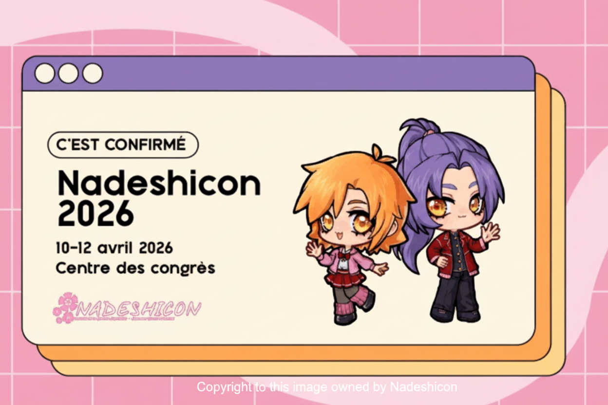 Promotional banner for Nadeshicon 2026 with two animated characters on a pink background.